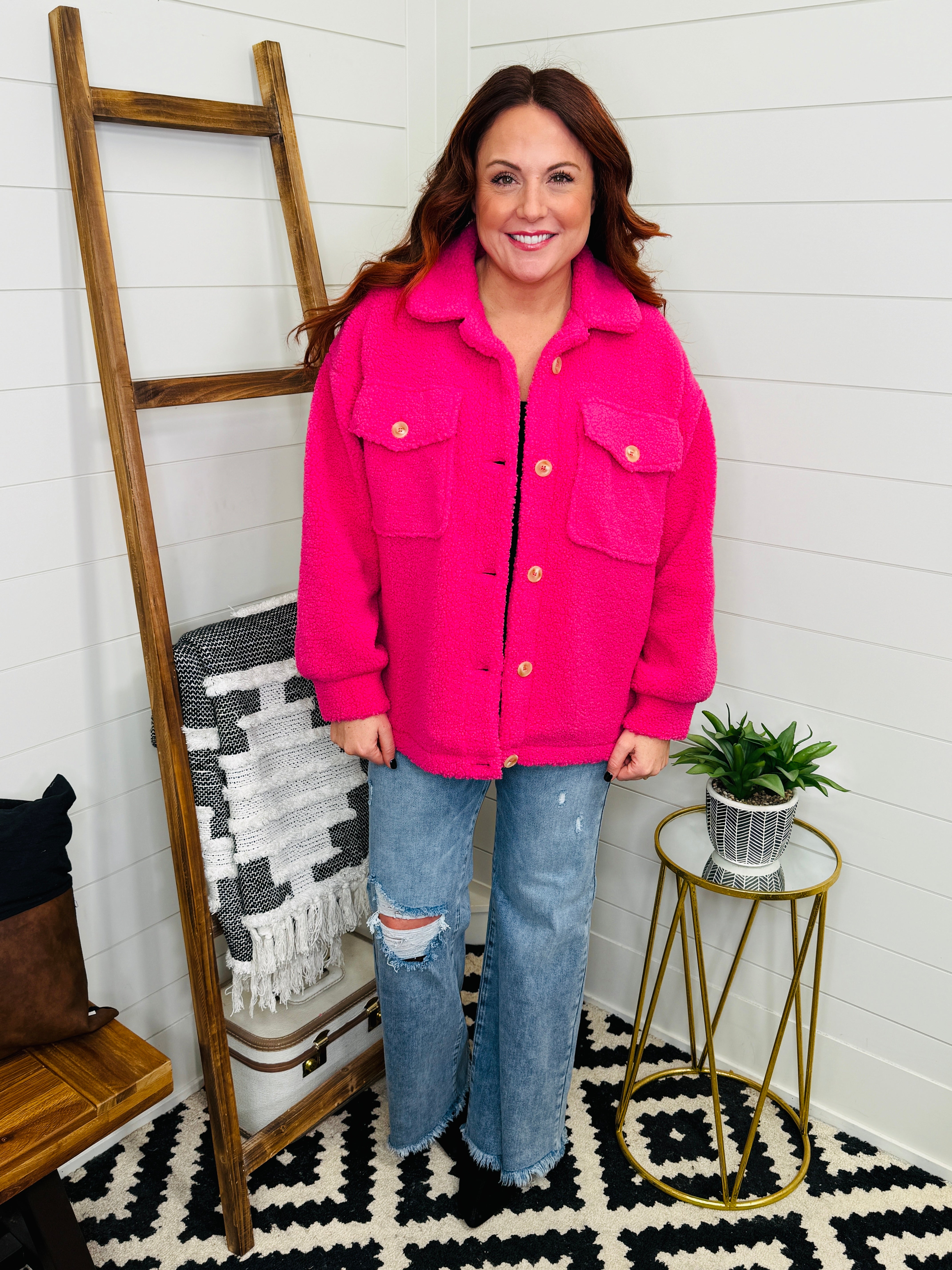 Hot Pink Sherpa Button Up Shacket – LoveLindsey