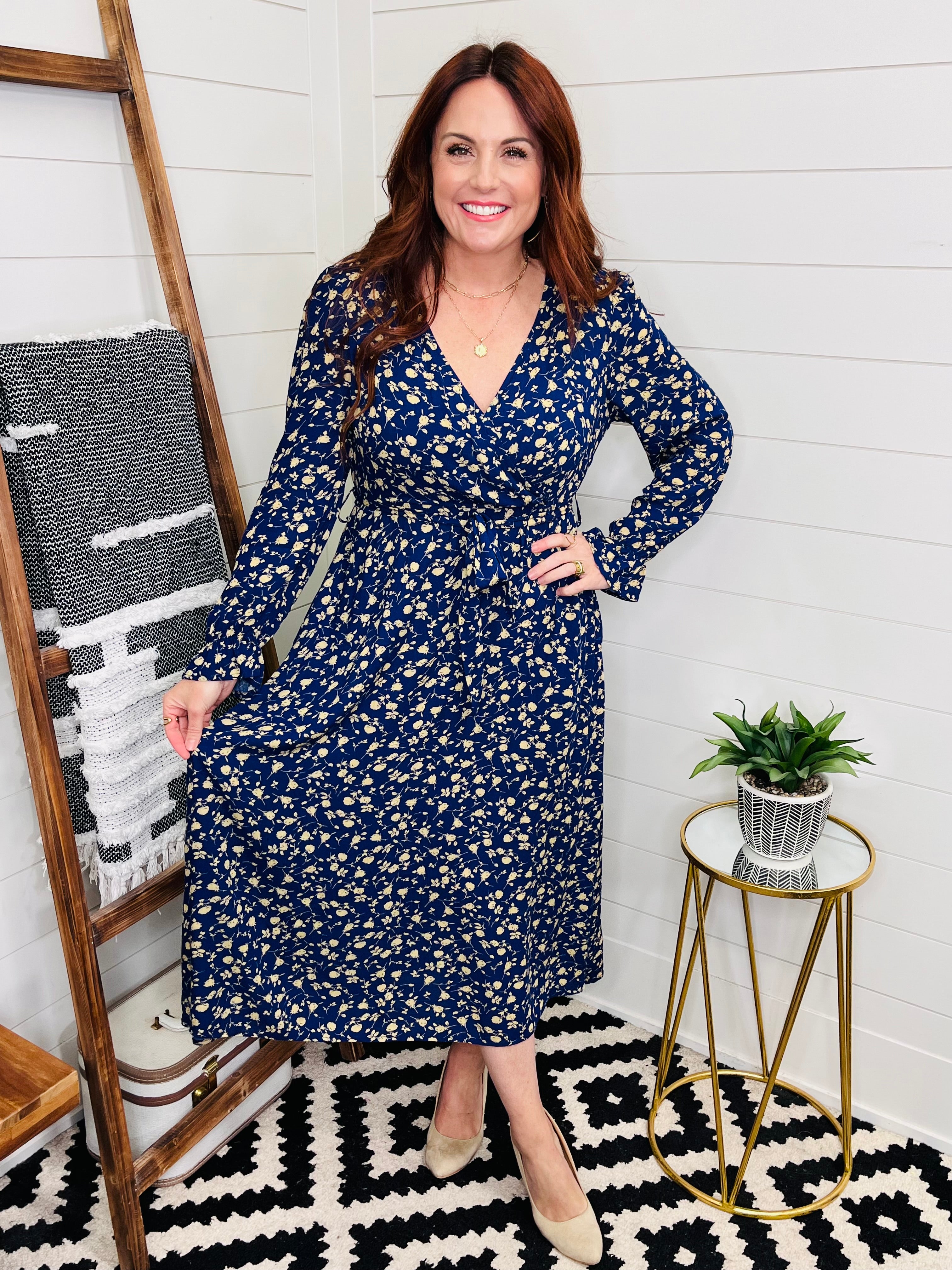 Navy Faux Wrap Flounce Sleeve Floral Midi Dress LoveLindsey Navy Faux Wrap Flounce Sleeve Floral Midi Dress LoveLindsey