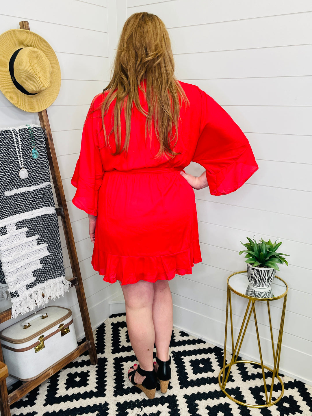 Lady In Red : V Neck Ruffle Hem Dress