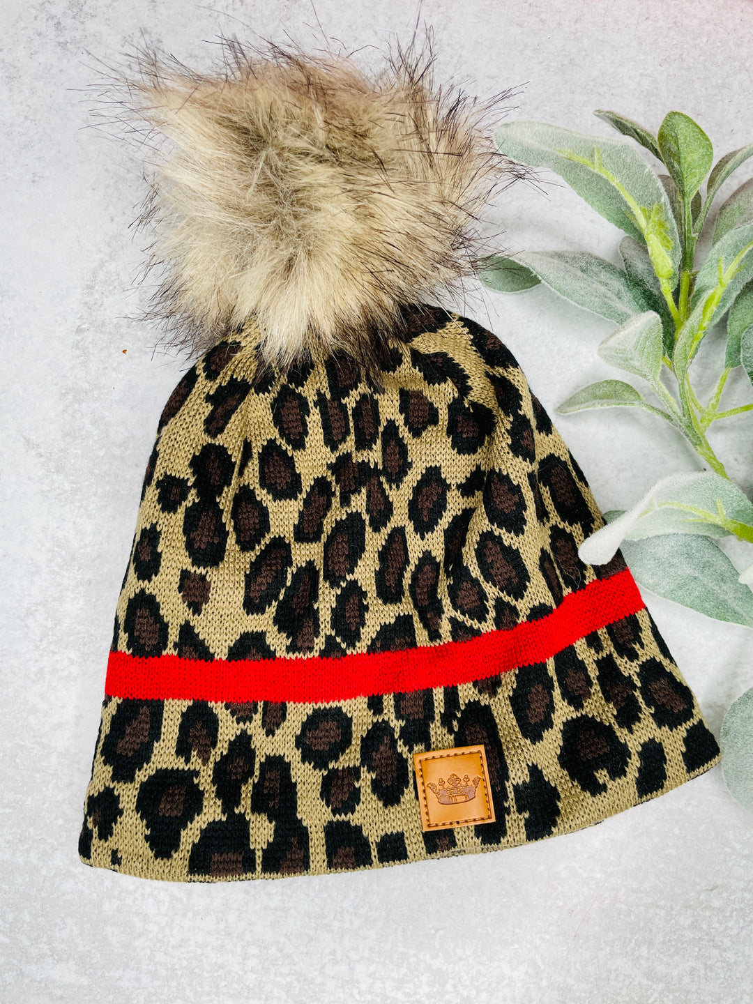 It's Love, Red and Leopard Faux Fur Pom Beanie