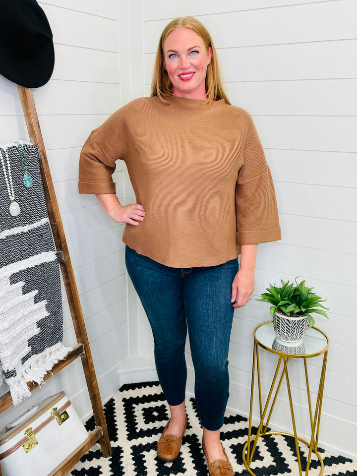 Ribbed Knit Top with Cuffed Sleeve : 2 Colors
