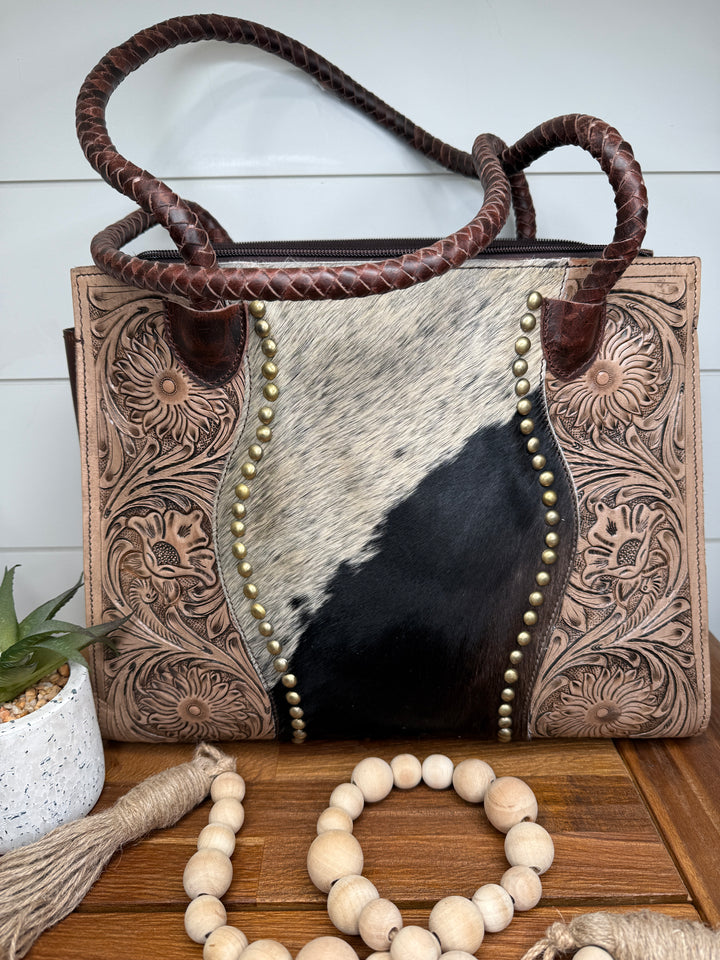 Tooled Cowhide Braided Leather Handle Laptop Purse