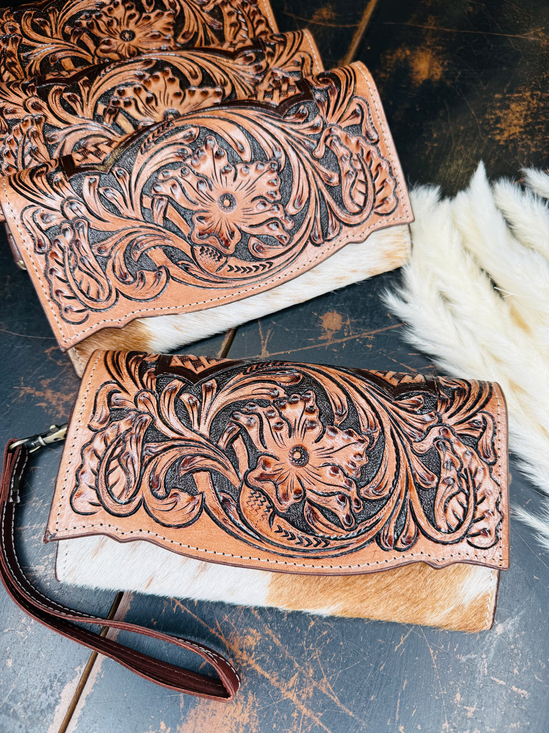 Tooled Cowhide Wristlet Wallet