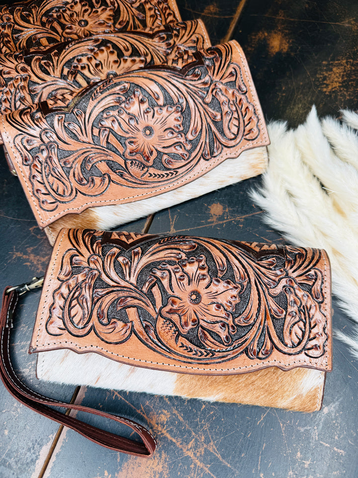 Tooled Cowhide Wristlet Wallet