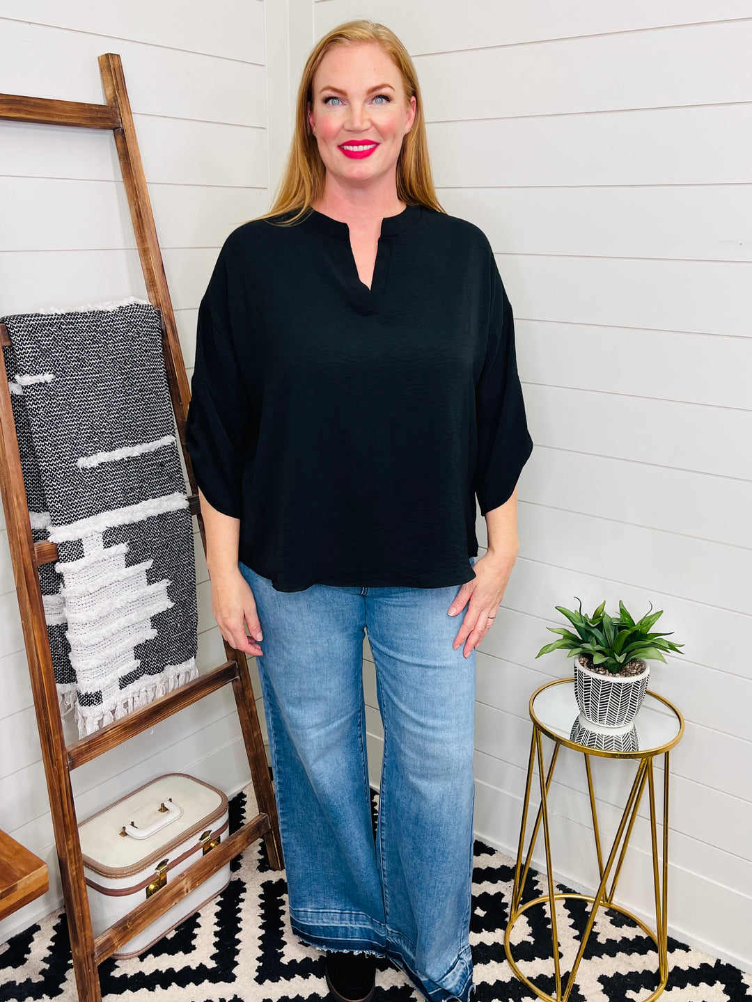 Notched Black Woven Top