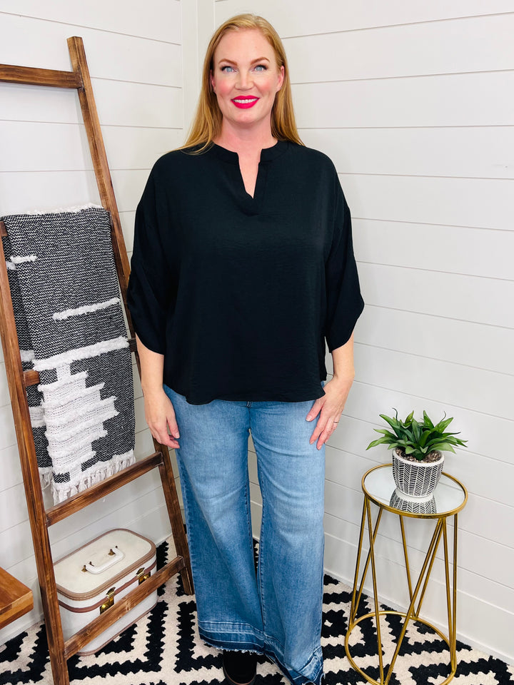 Notched Black Woven Top