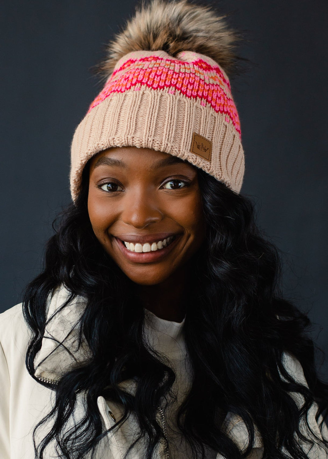 Pink Fleece Lined Faux Fur Pom Beanie : 2 Options