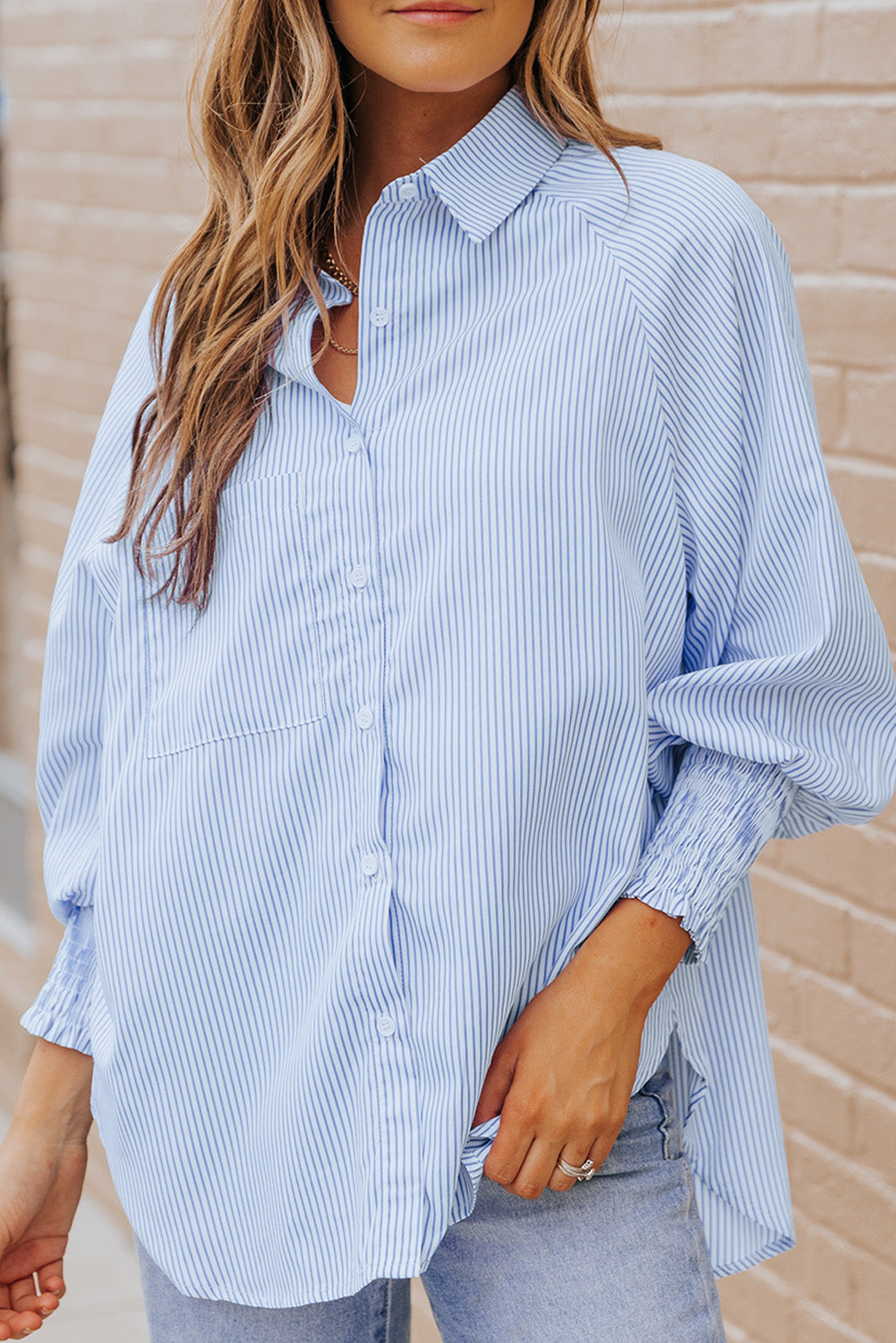 Restocked! All Business Striped Lantern Sleeve Collared Shirt