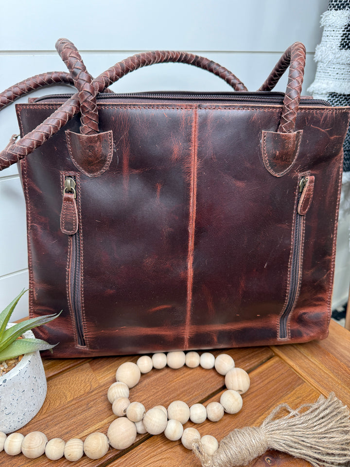 Tooled Cowhide Braided Leather Handle Laptop Purse