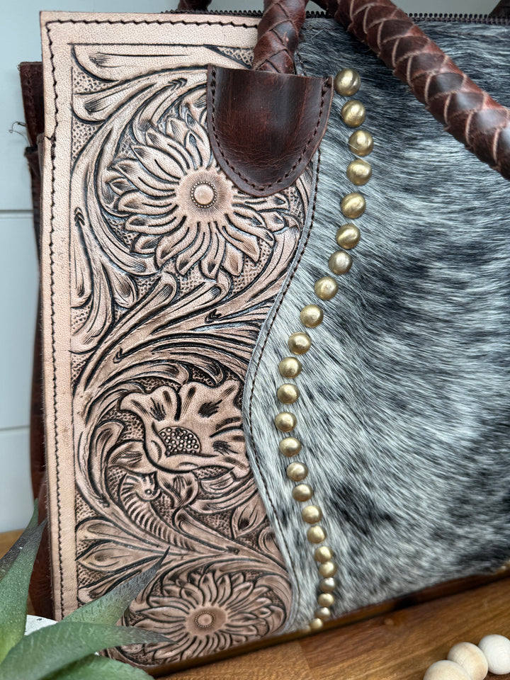 Tooled Cowhide Braided Leather Handle Laptop Purse