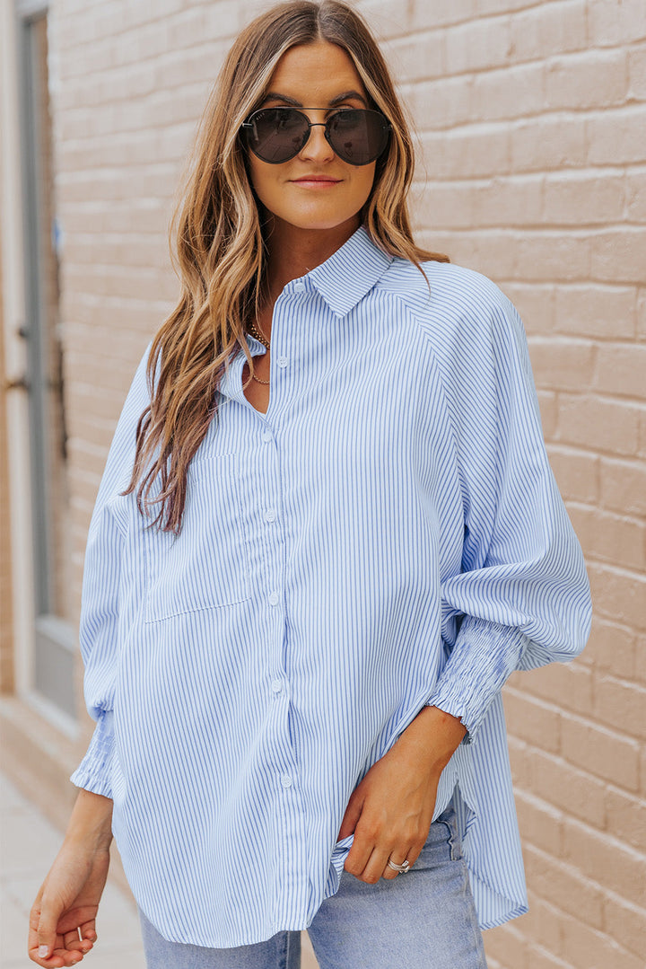Restocked! All Business Striped Lantern Sleeve Collared Shirt