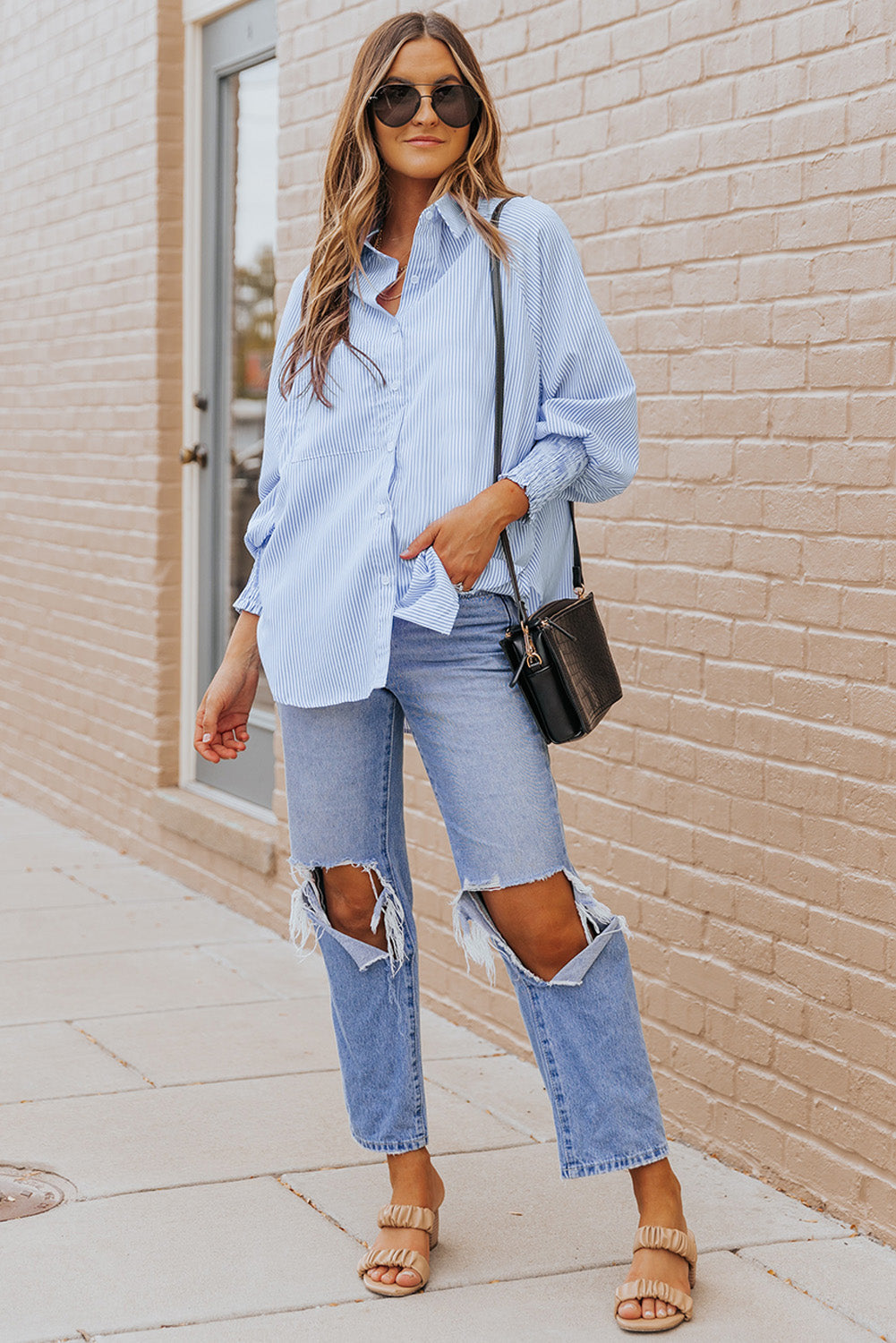 Restocked! All Business Striped Lantern Sleeve Collared Shirt