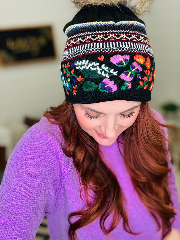 Embroidered Floral Faux Fur Pom Beanie