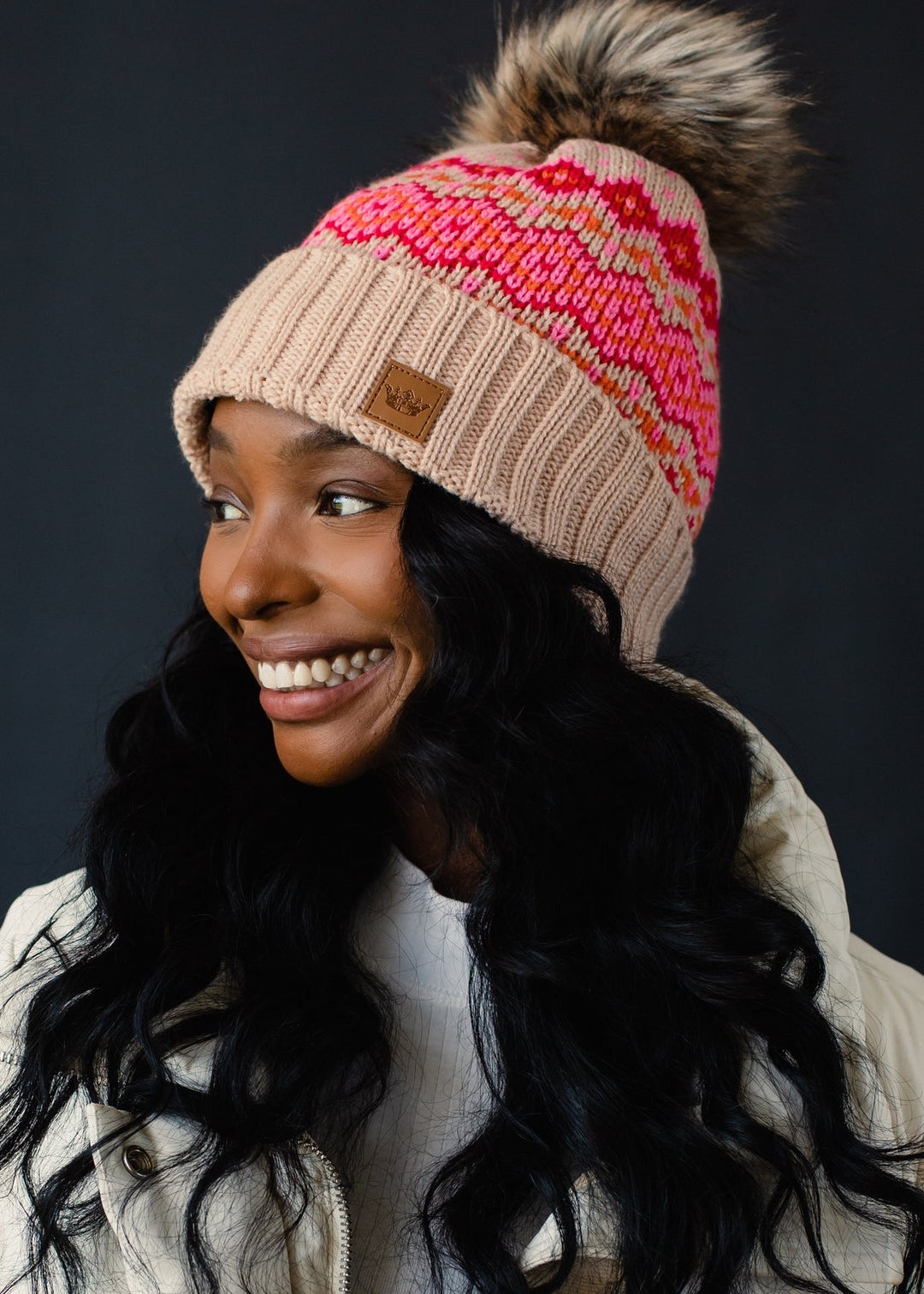 Pink Fleece Lined Faux Fur Pom Beanie : 2 Options