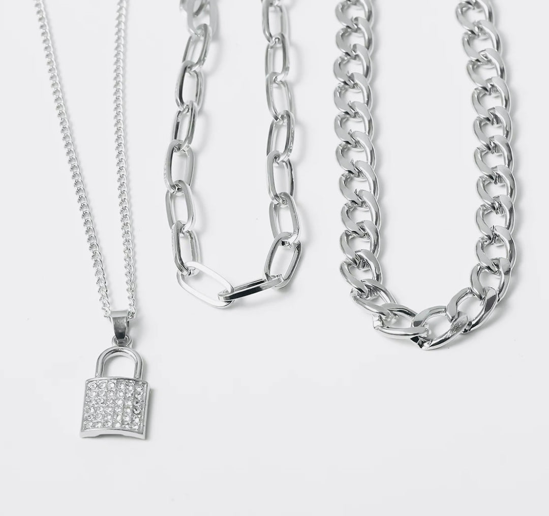 Rhinestone Lock Triple Chain Necklace