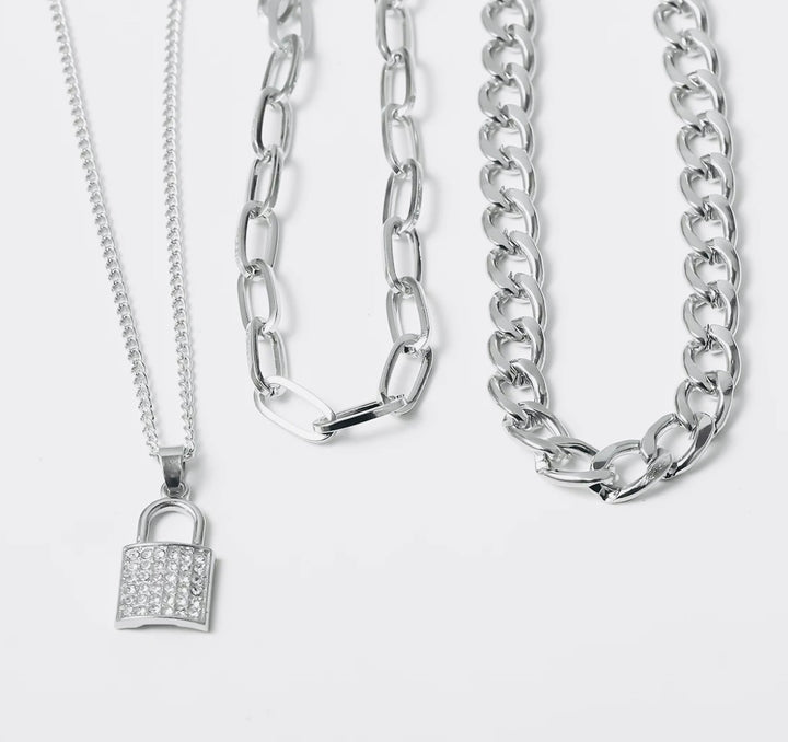 Rhinestone Lock Triple Chain Necklace