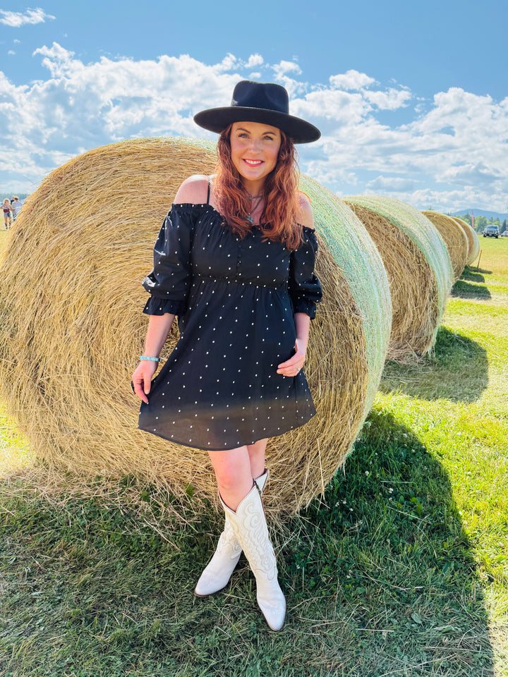 Dot Off The Shoulder Dress With Pockets