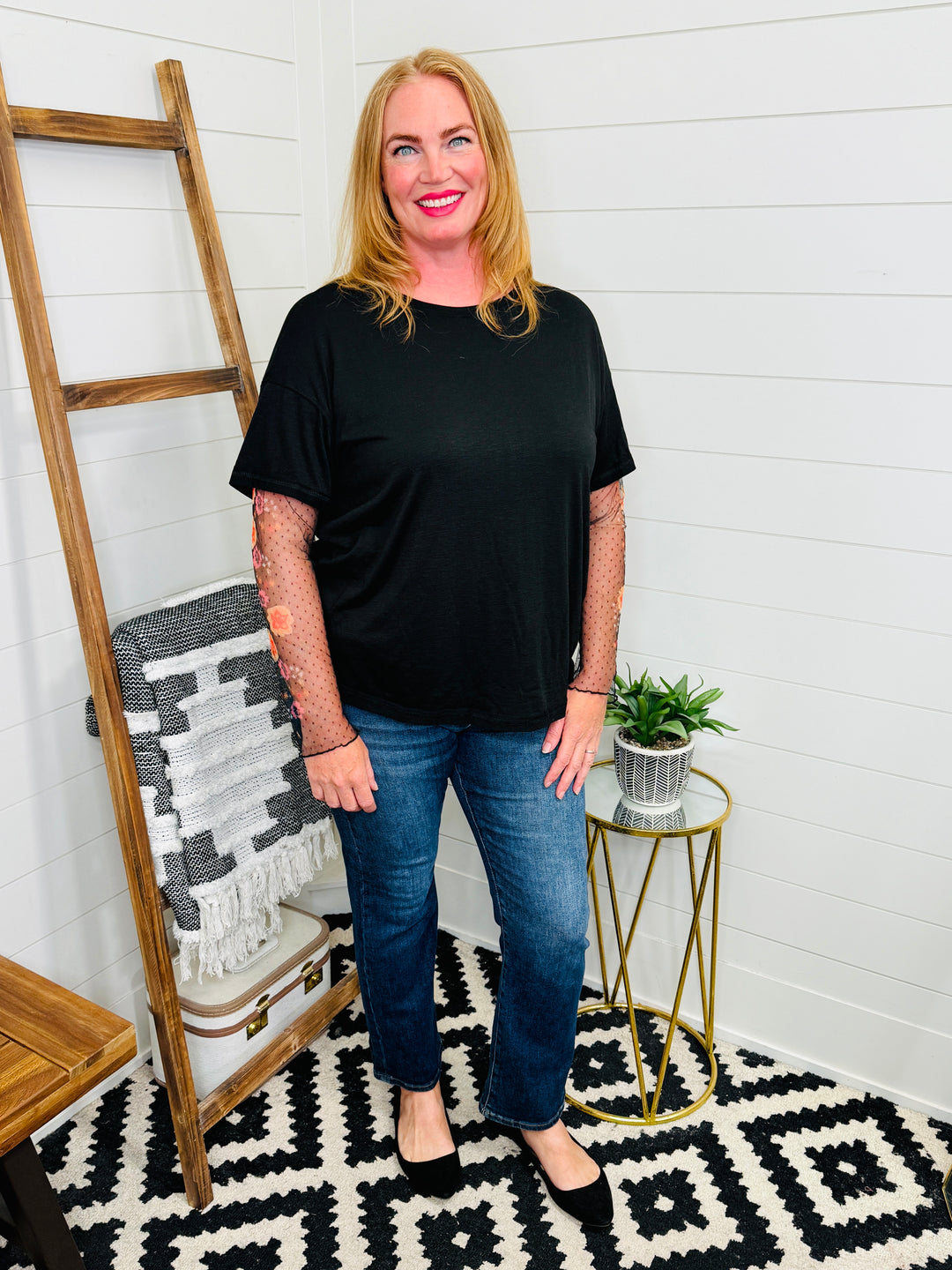 Floral and Dot Edgy Lace Sleeve Tee