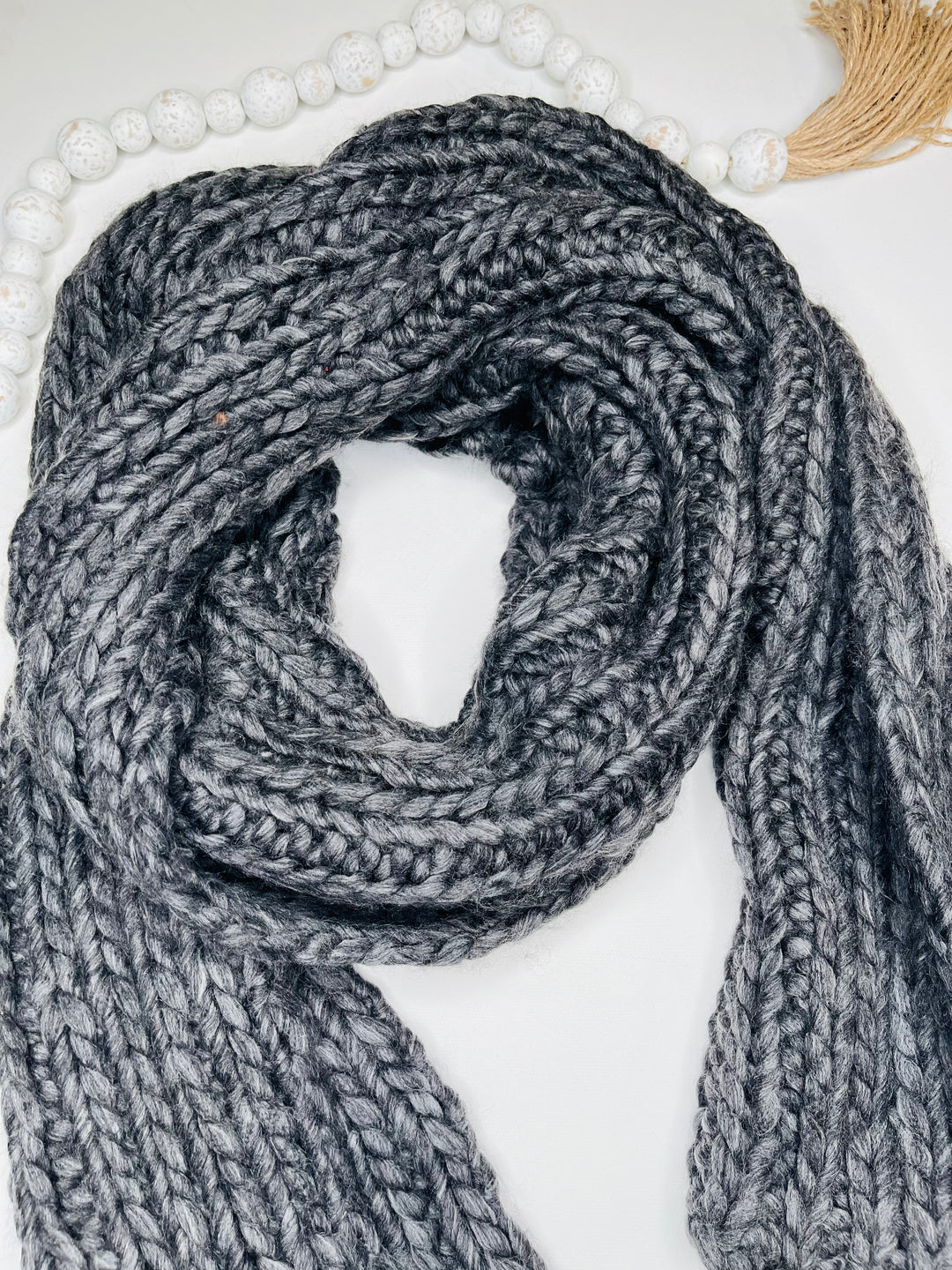 Charcoal Chunky Knit Fringe Scarf