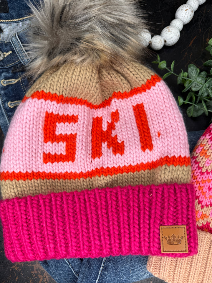 Pink Fleece Lined Faux Fur Pom Beanie : 2 Options