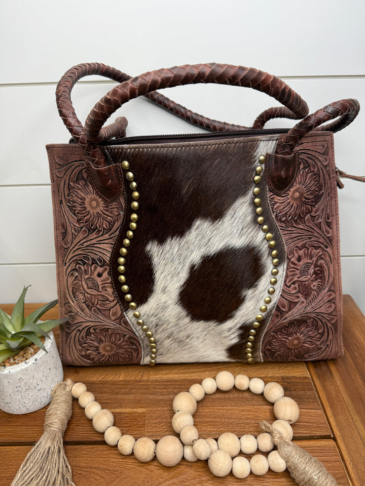 Tooled Cowhide Braided Leather Handle Laptop Purse
