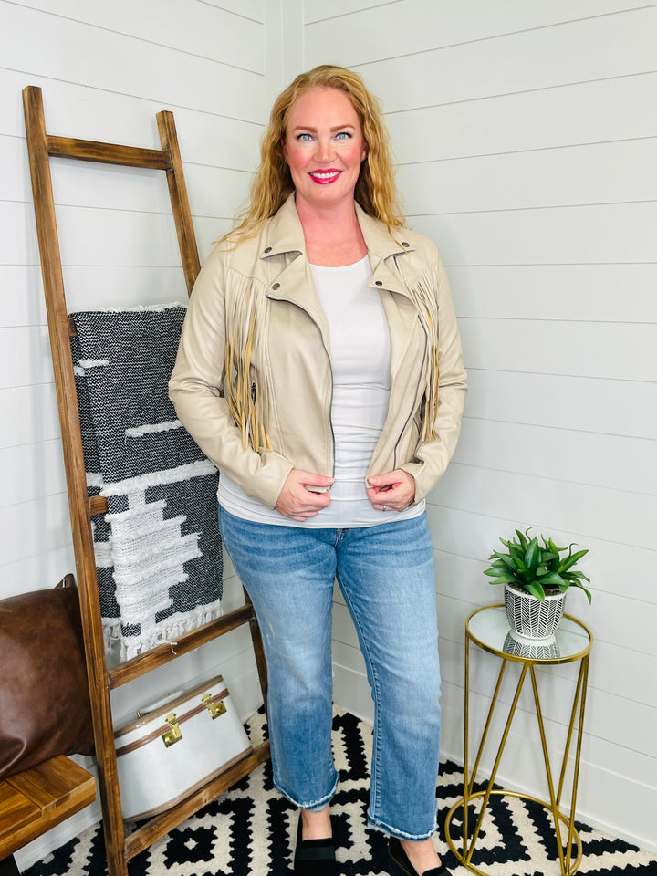 Taupe Faux Leather Fringe Jacket