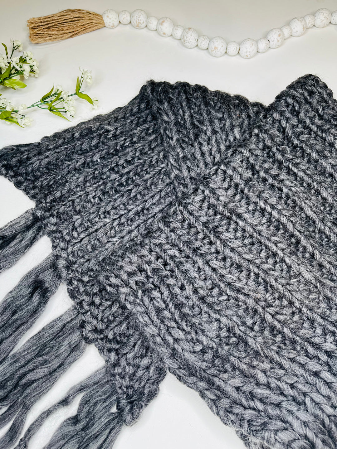 Charcoal Chunky Knit Fringe Scarf