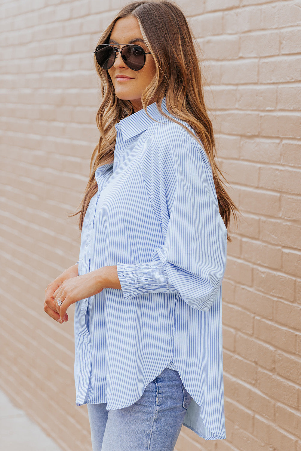 Restocked! All Business Striped Lantern Sleeve Collared Shirt