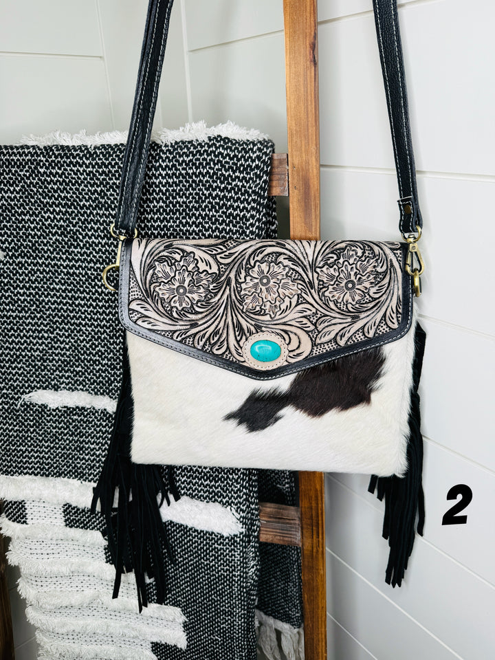 Tessa Turquoise Stone Fringe Cowhide Crossbody