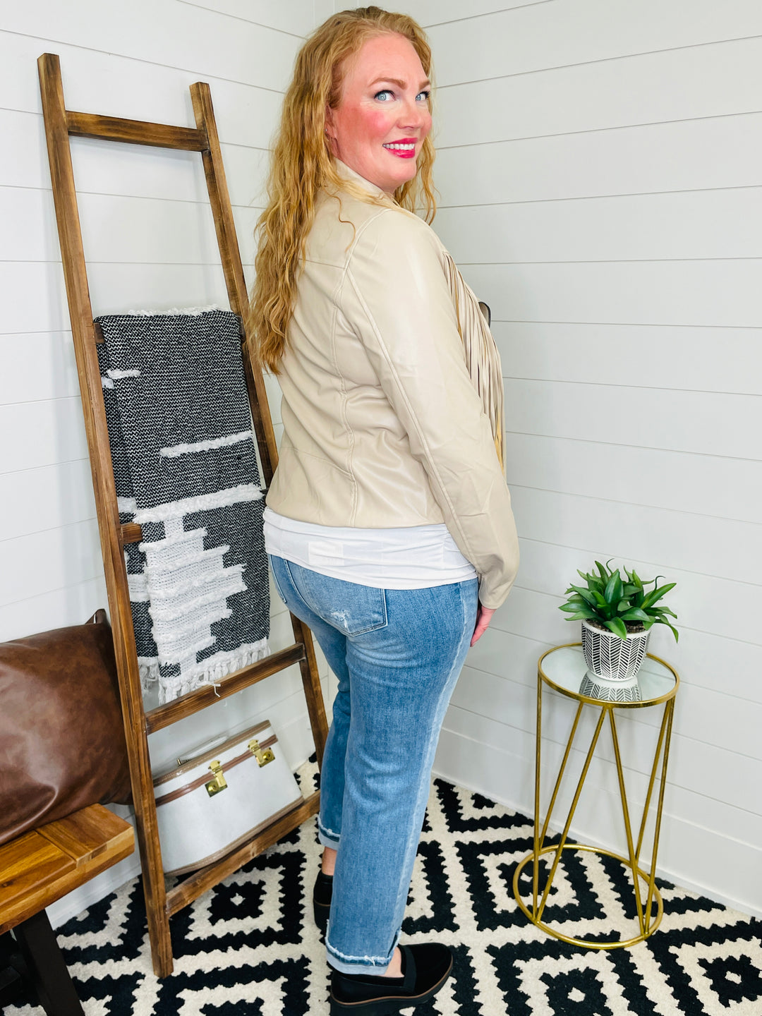 Taupe Faux Leather Fringe Jacket