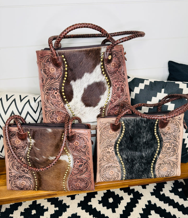 Tooled Cowhide Braided Leather Handle Laptop Purse