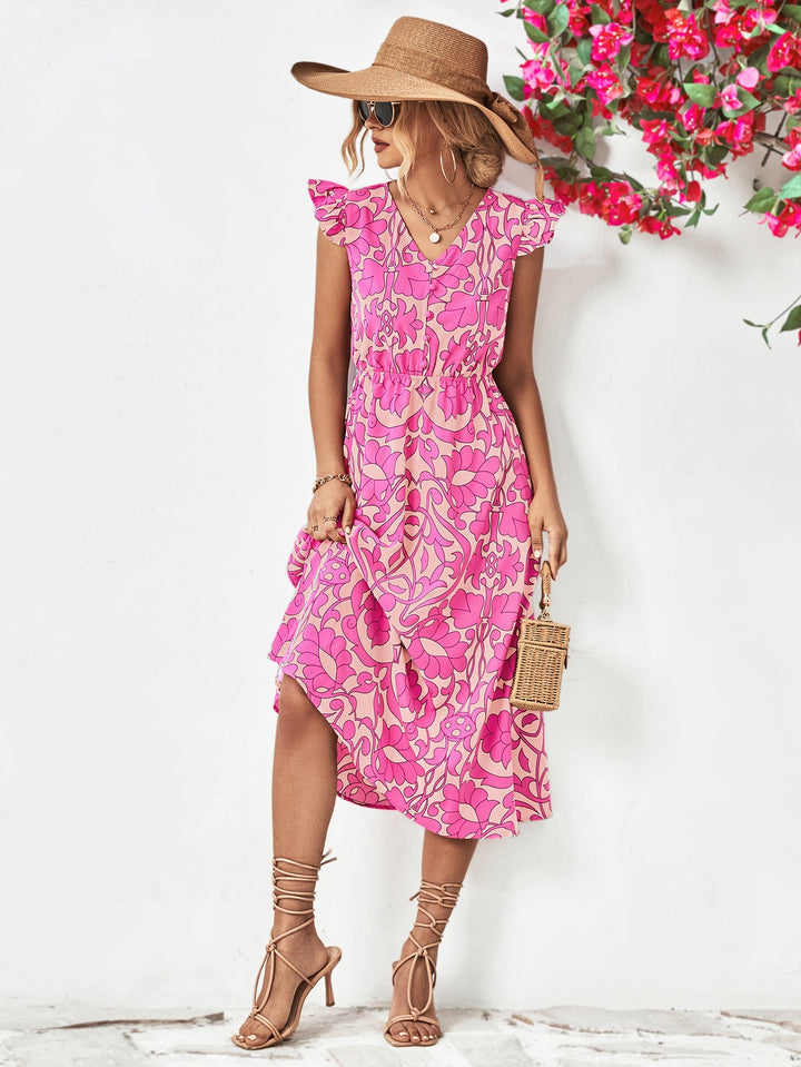 Pink Perfection Floral V-Neck Cap Sleeve Dress