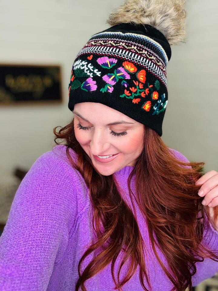 Embroidered Floral Faux Fur Pom Beanie