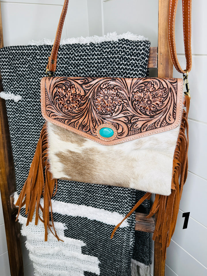 Tessa Turquoise Stone Fringe Cowhide Crossbody