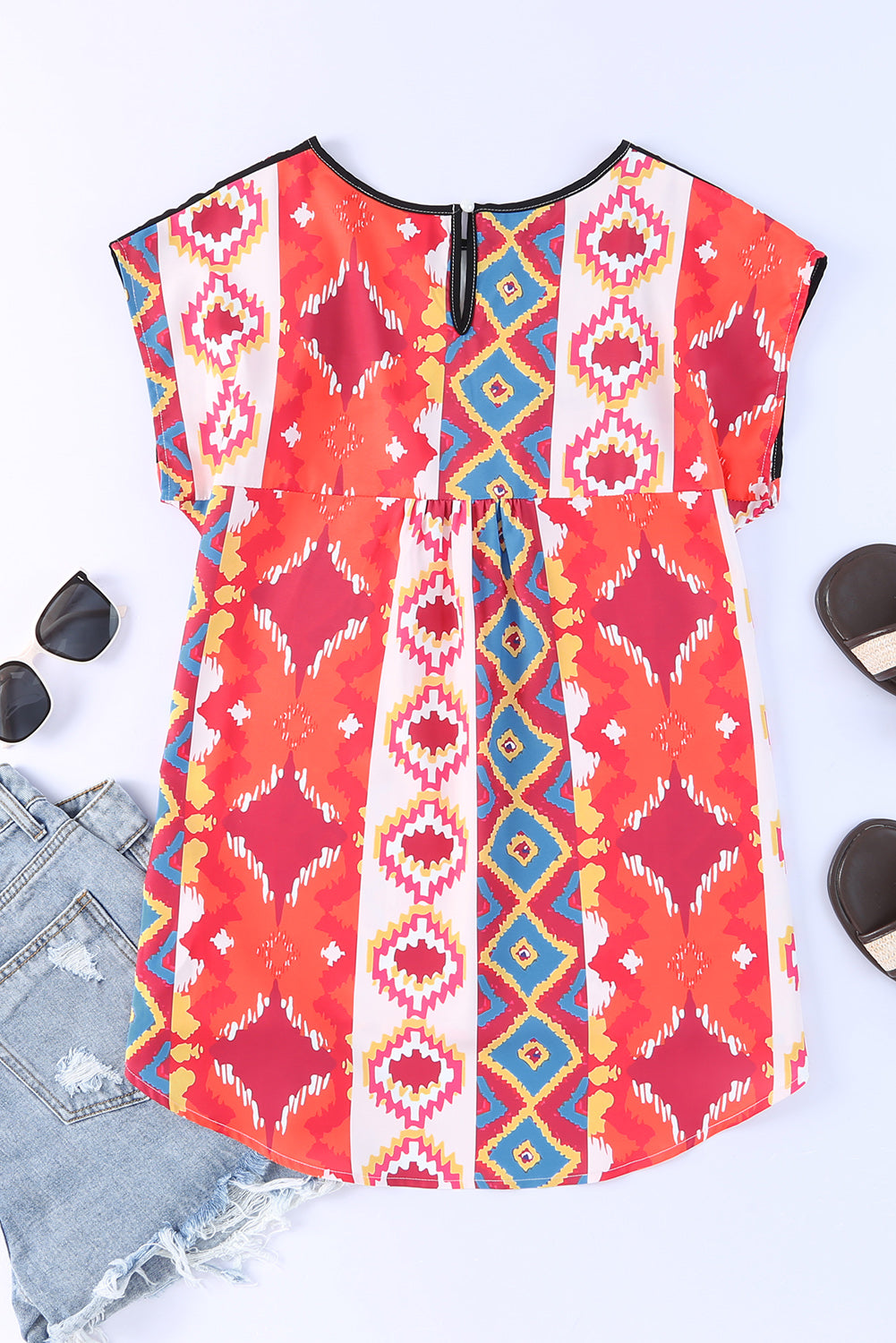Embroidered Round Neck Aztec and Floral Top
