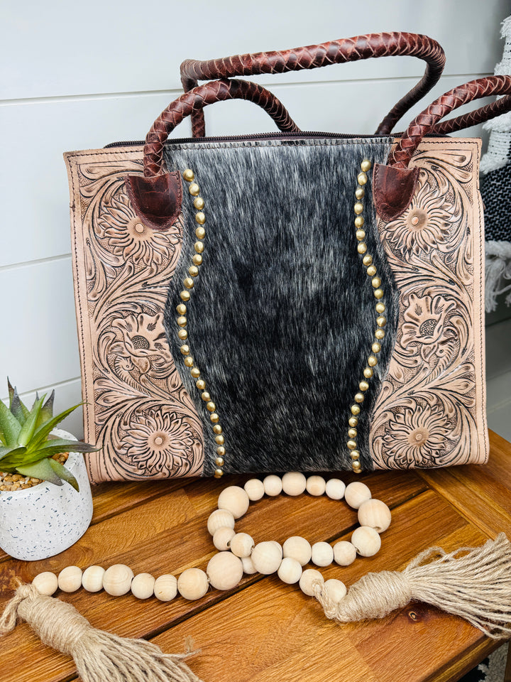Tooled Cowhide Braided Leather Handle Laptop Purse