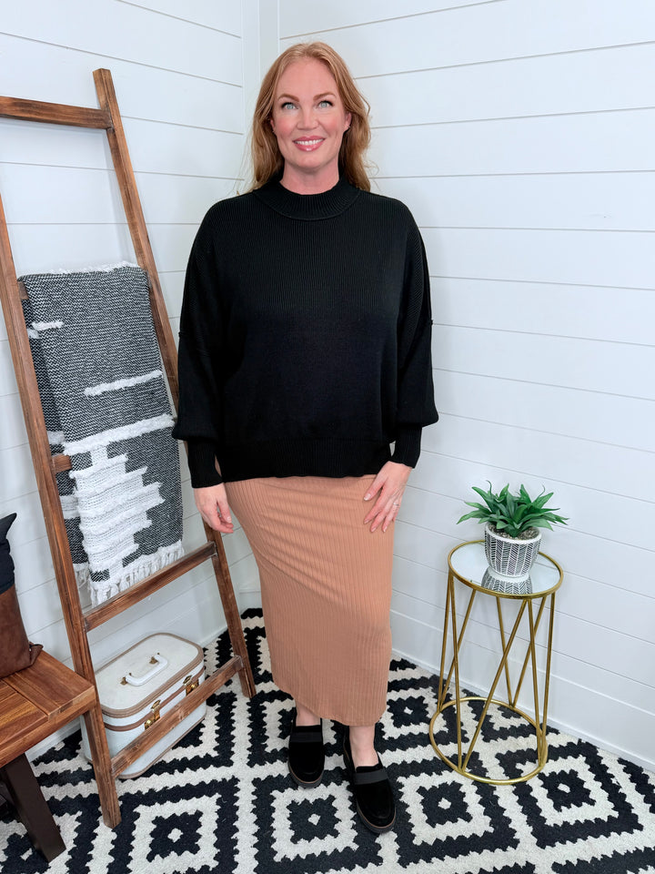 Tan Ribbed Midi Skirt