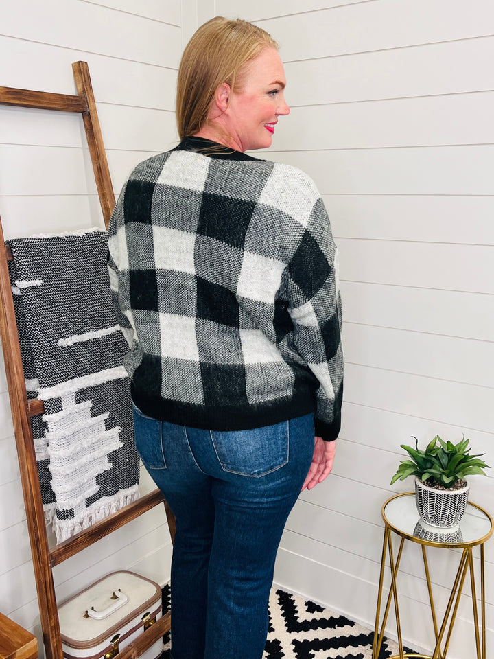 V Neck Checkered Cardigan