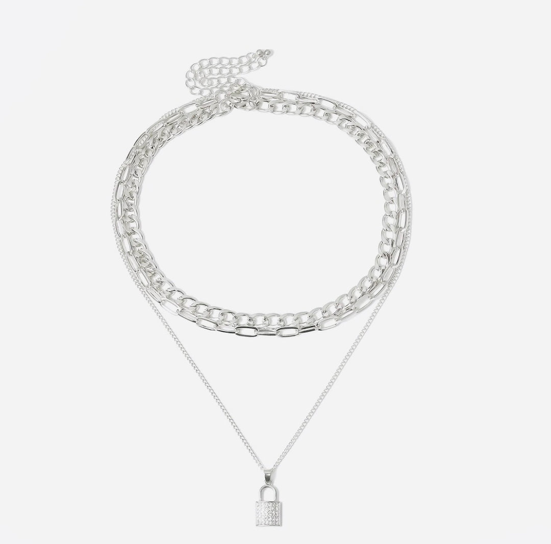 Rhinestone Lock Triple Chain Necklace
