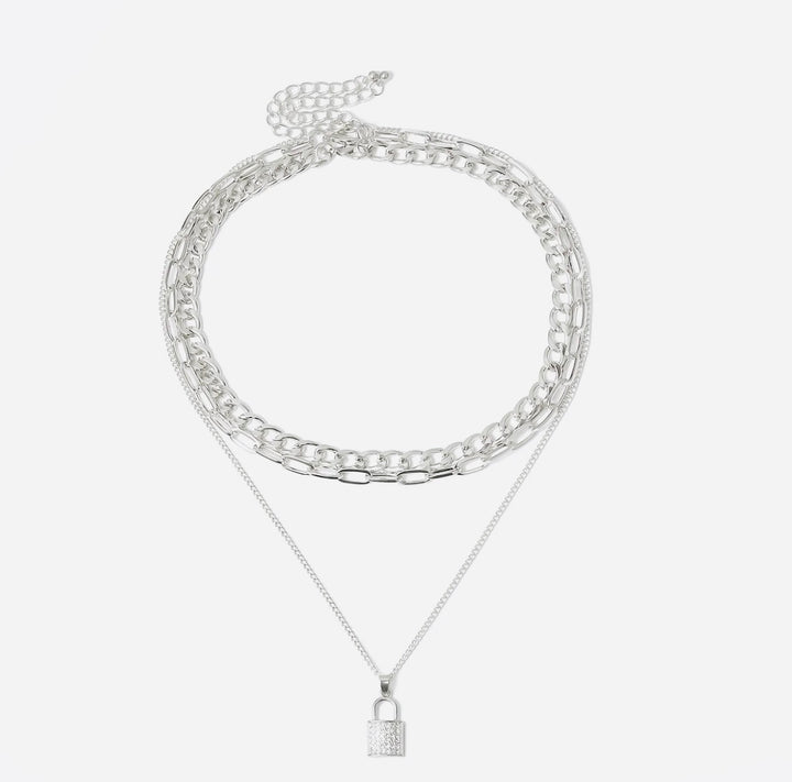 Rhinestone Lock Triple Chain Necklace