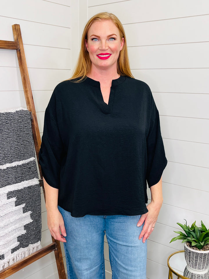 Notched Black Woven Top