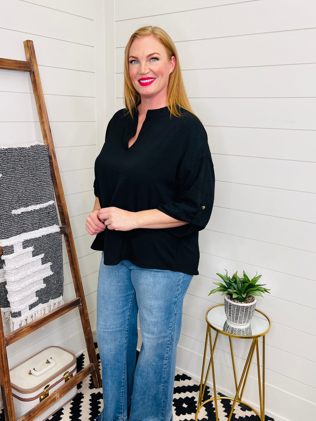 Notched Black Woven Top