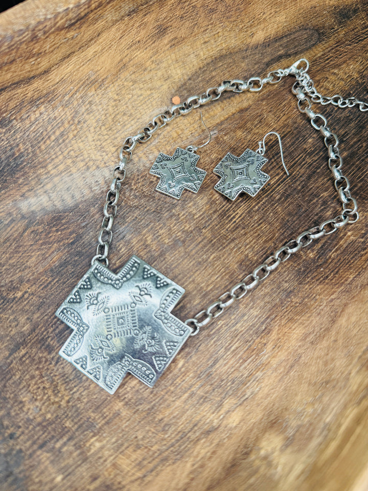 Etched Silver Cross Necklace and Earring Set