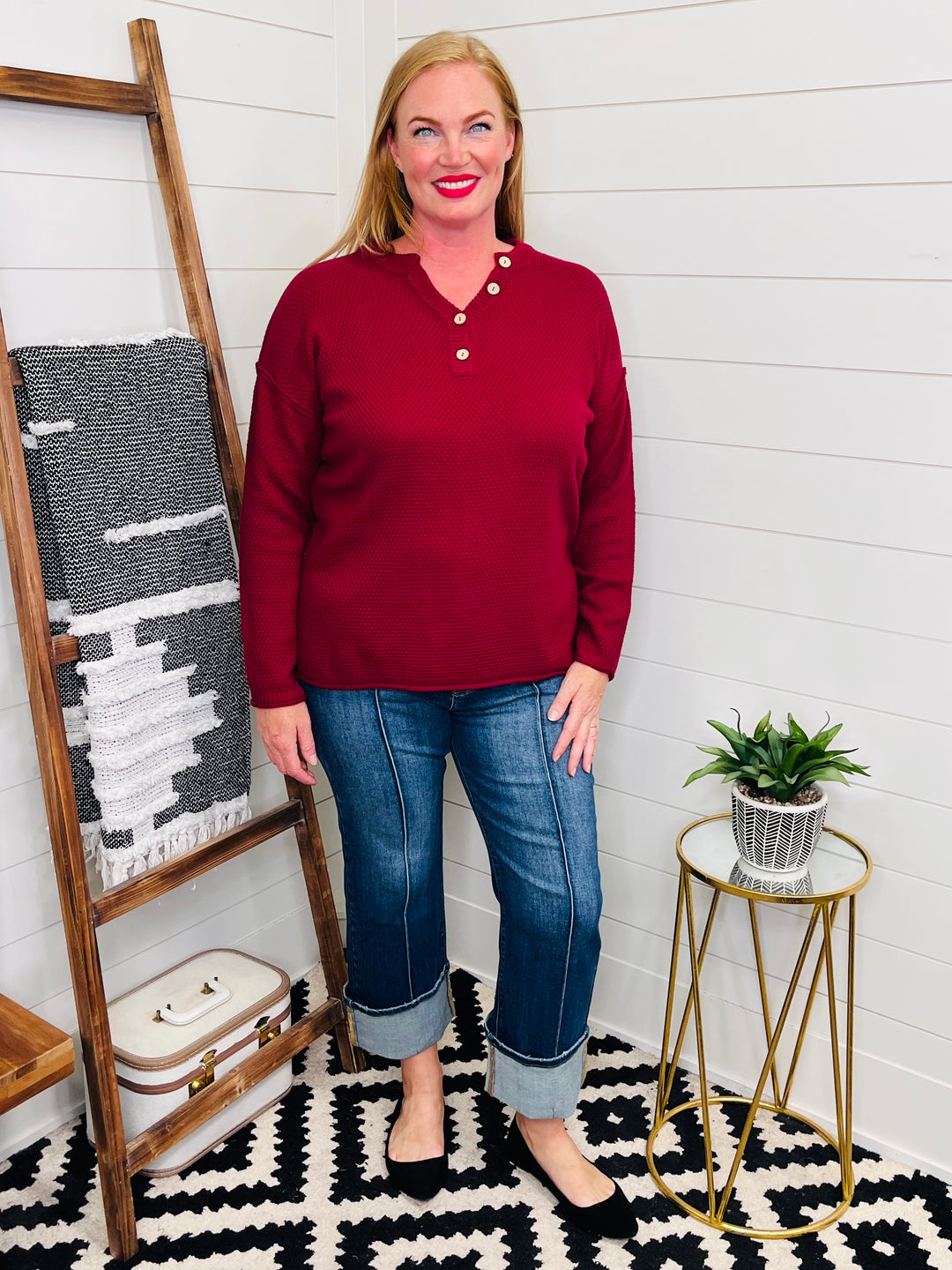 Burgundy Button Front Sweater