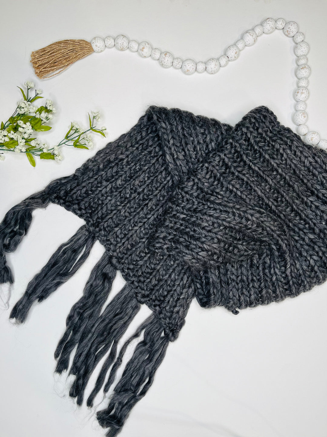 Charcoal Chunky Knit Fringe Scarf