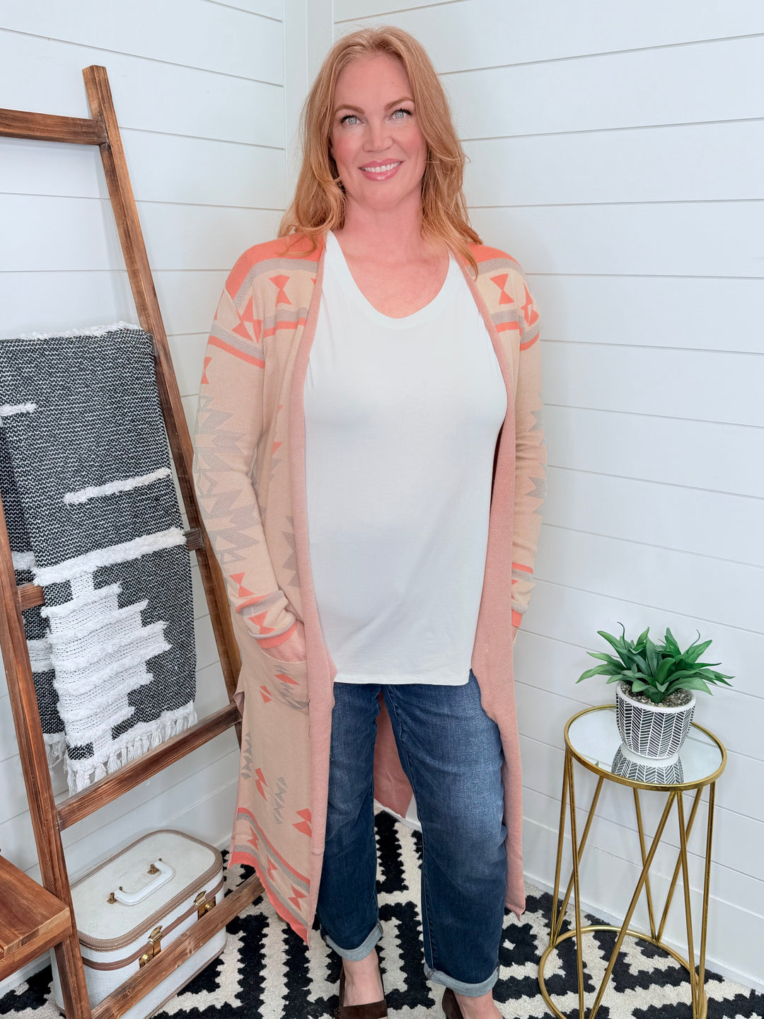 Coral Aztec Duster Cardigan