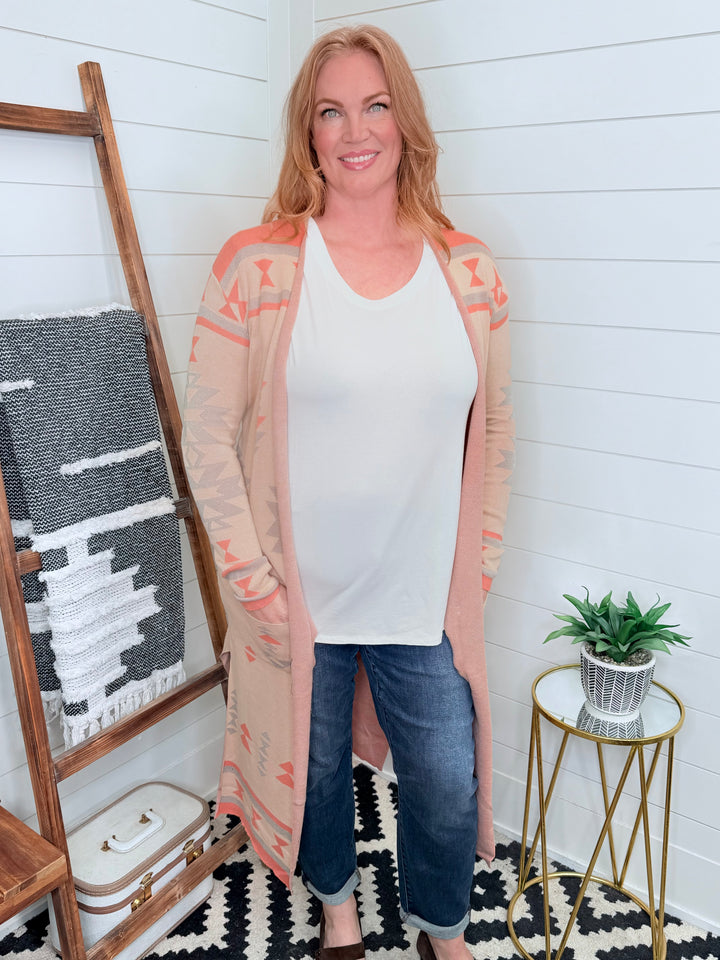 Coral Aztec Duster Cardigan