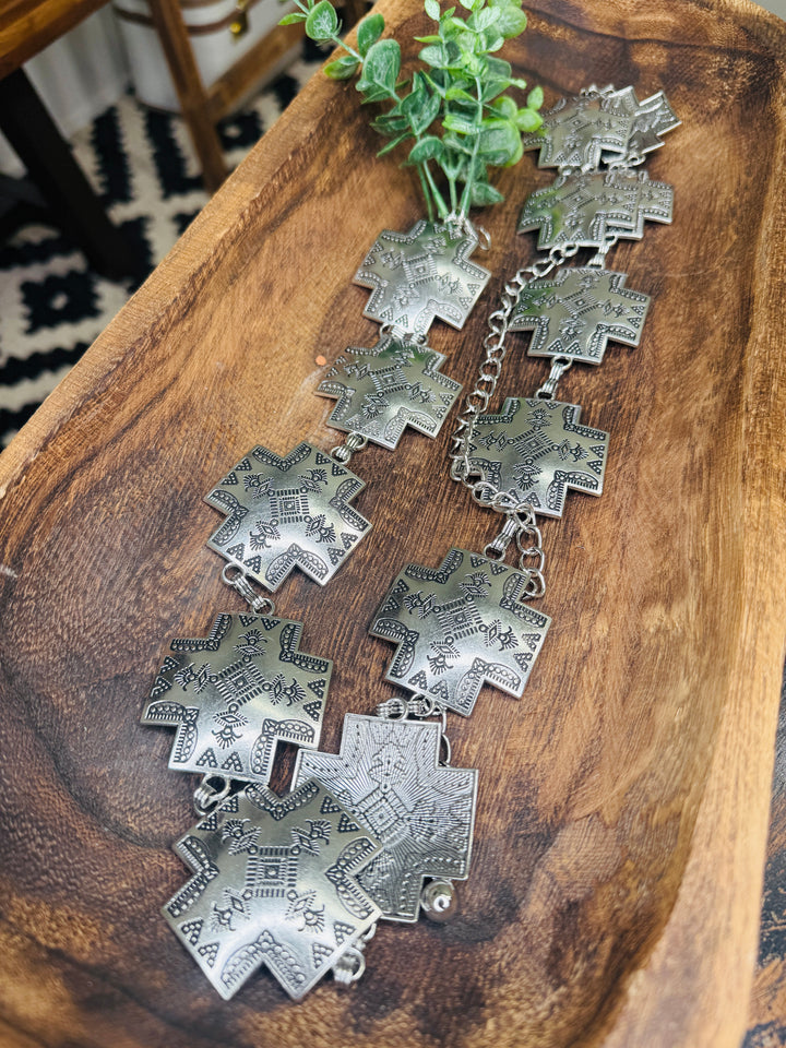 Silver Etched Cross Concho Belt