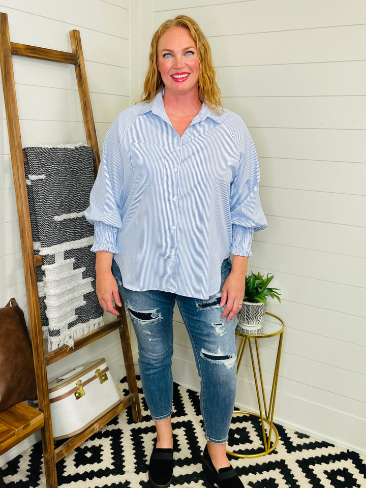 All Business Striped Lantern Sleeve Collared Shirt : 2 Colors