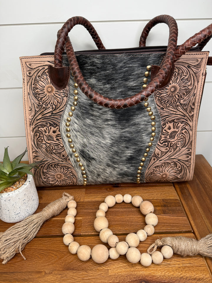 Tooled Cowhide Braided Leather Handle Laptop Purse